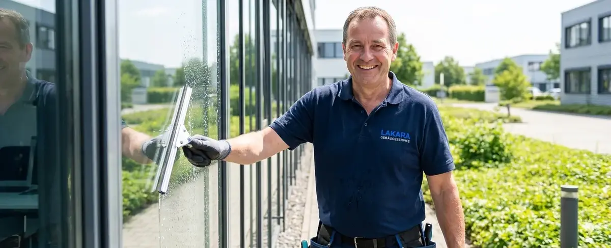 LAKARA Gebäudeservice Mitarbeiter bei professioneller Fensterreinigung